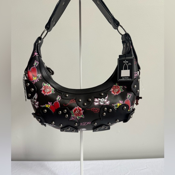 Ed Hardy Handbags - Ed Hardy Black Shoulder Bag with Red Rose & Heart Print